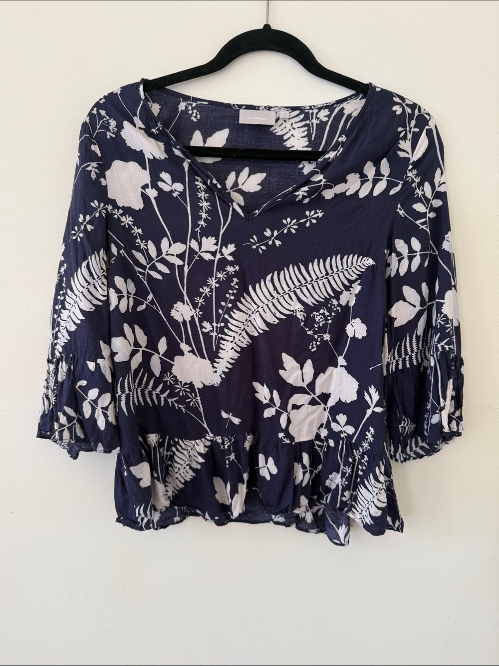 Navy and White Botanical V-Neck Peplum Top
